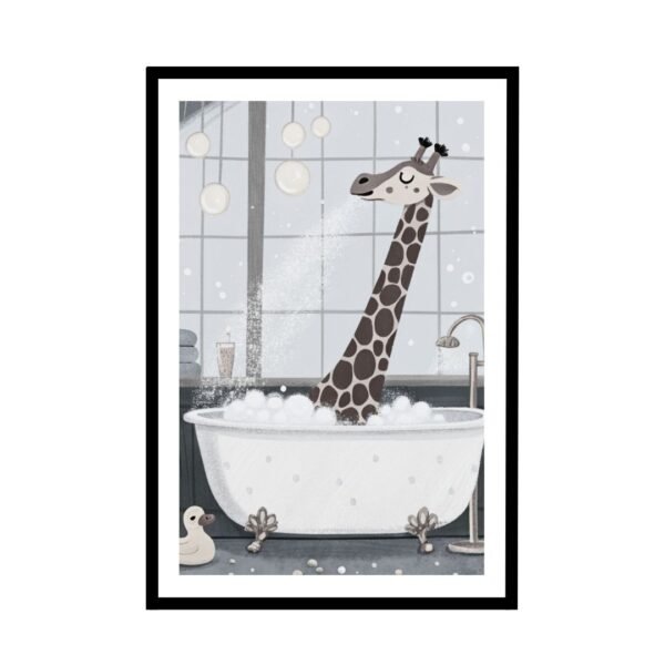 Playful print showing a giraffe relaxing in a bathtub, ideal for animal lovers or creative interior spaces.