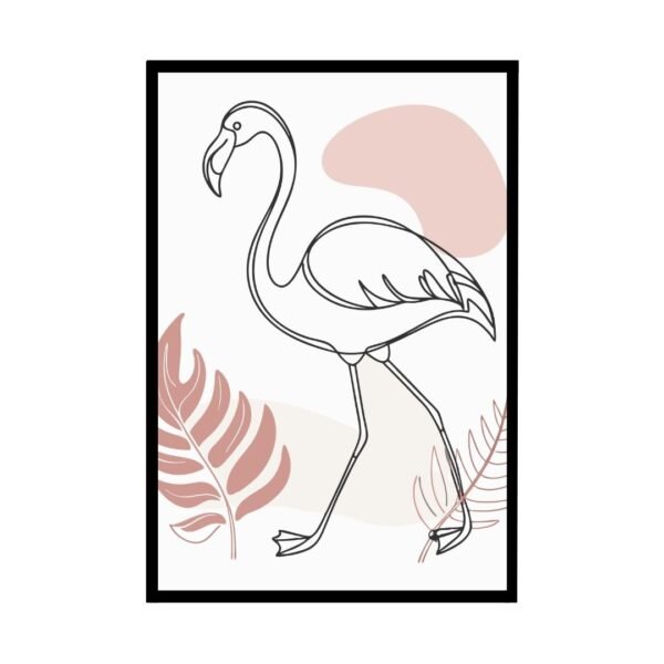 framed Boho minimalist line art poster of a flamingo standing tall on two legs