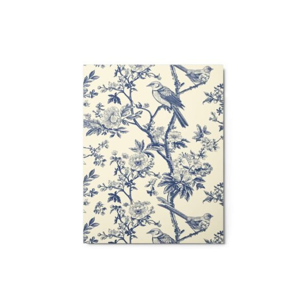Metal poster print featuring delicate blue songbirds perched among blooming flowers on a soft, natural background
