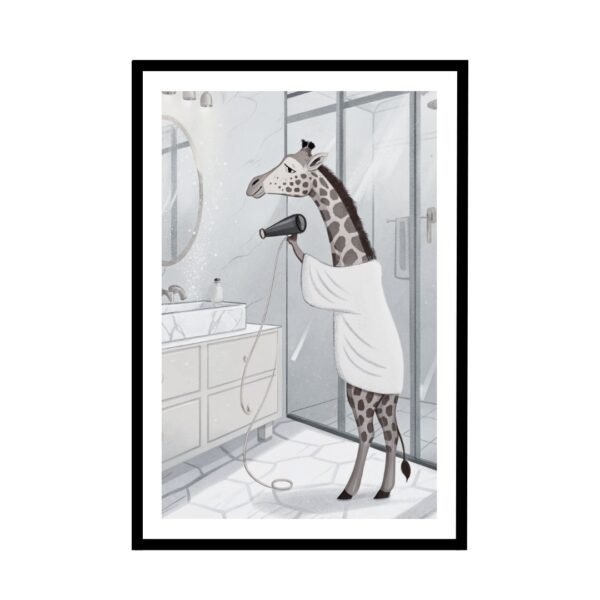 Giraffe dressed in a cozy bathrobe holding a dryer, ideal for quirky art lovers