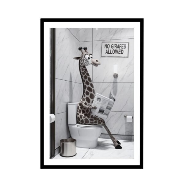 Giraffe-themed bathroom print showing a giraffe seated on a toilet reading a news letter