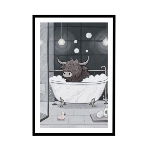 poster of a Highland cow enjoying a soak in a clawfoot bathtub