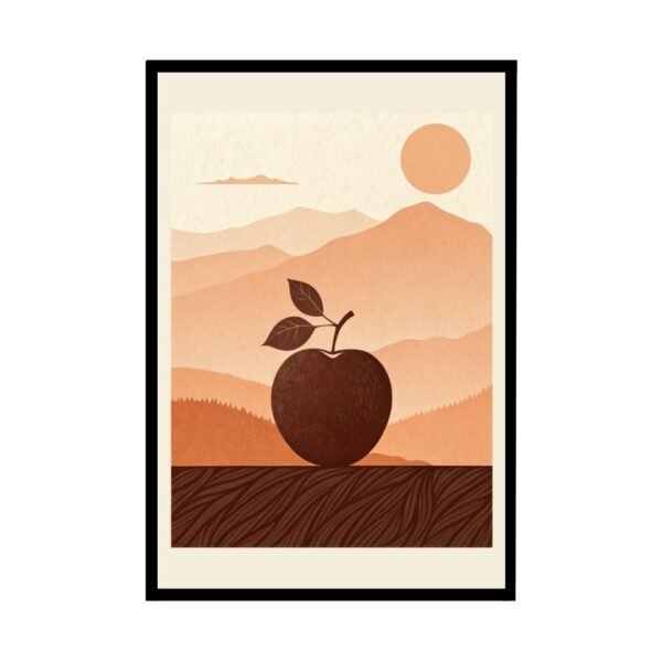 Close-up of the ‘Landscapes and Apple’ illustrated wall art, highlighting detailed textures and the harmonious integration of fruit and scenic elements.
