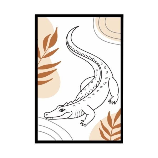 Boho-inspired line art framed print of a crocodile, featuring sleek minimalist lines and earthy tones, perfect for adding an edgy, nature-driven touch to your space.