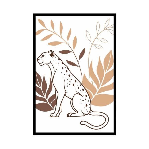 minimalist line art featuring a leopard, with graceful, flowing lines and earthy tones and botanical flower lines
