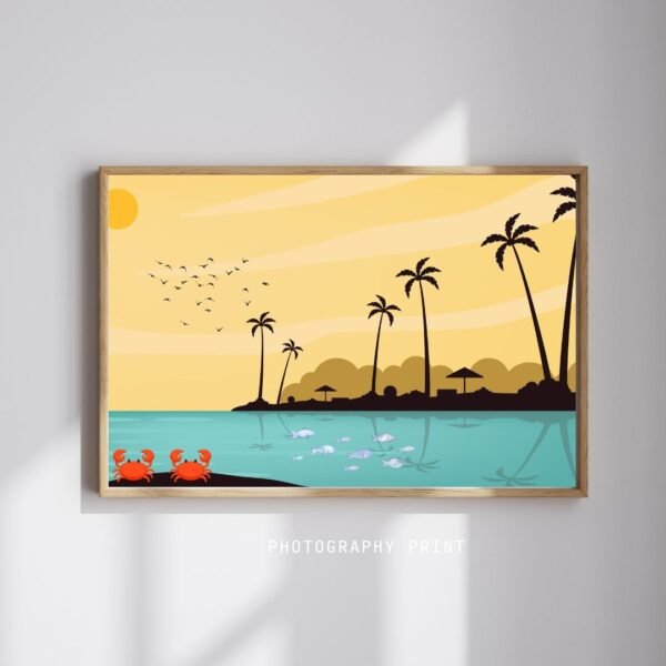 Charming crab illustration on a sunny beach – colorful coastal wall art for kids’ rooms or beach homes