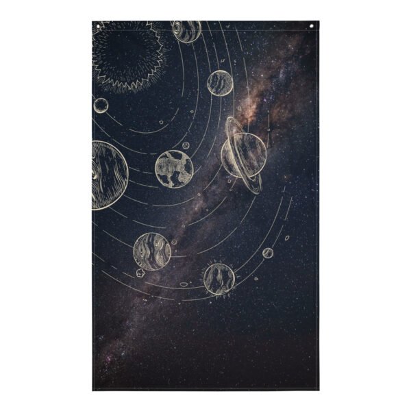 tapestry wall hanging Illustration depicting various planets and stars against a dark background with a galaxy theme.