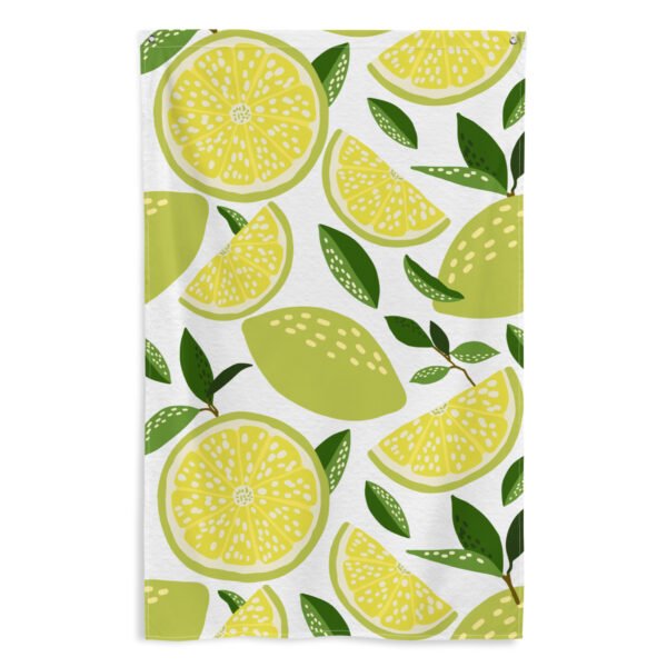 tapestry wall hanging featuring a pattern of whole and sliced lemons with green leaves on a white background.