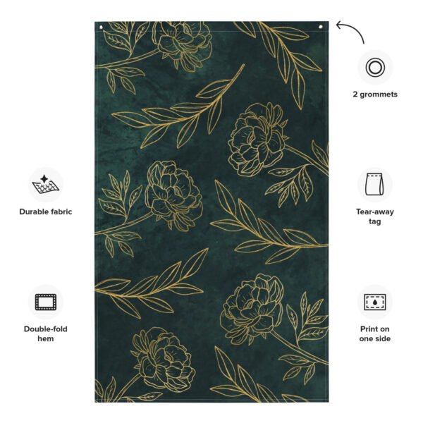 tapestry wall hanging featuring a floral pattern with gold outlines on a dark background.
