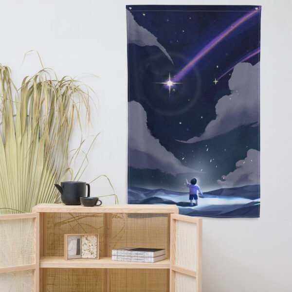 tapestry wall hanging featuring Illustration of an astronaut looking at a starry sky with a rainbow shooting star.