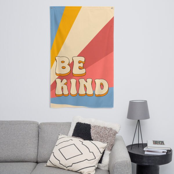 tapestry wall hanging print featuring the phrase 'Be Kind' in bold letters with a colorful background.
