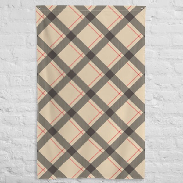 Beige tapestry wall hanging with a gray and red plaid pattern featuring intersecting lines.