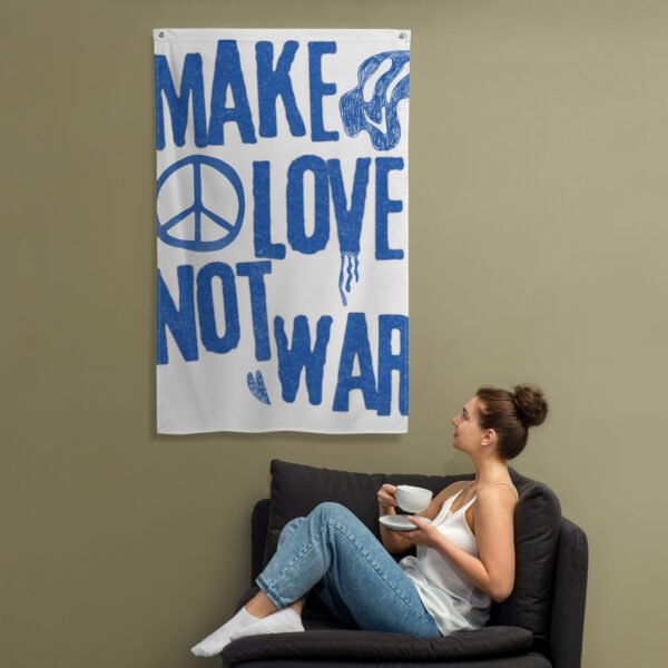 tapestry wall hanging featuring the phrase 'Make Love Not War' in blue text on a white background, displayed in a living room setting.