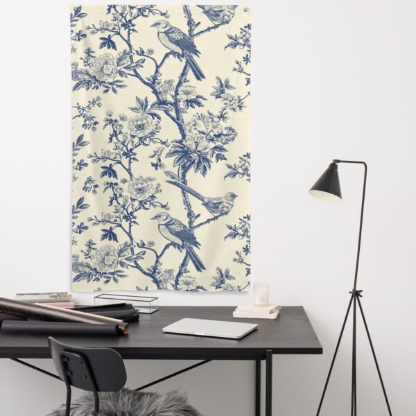 Blue bird blossom wall hanging with a blue and white floral and bird pattern.