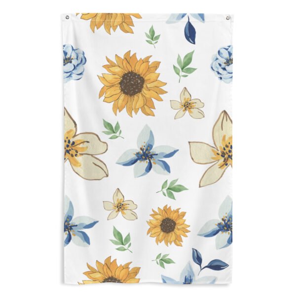 The Sunflower Pattern tapestry wall hanging is a white rectangular flag featuring scattered yellow sunflowers, blue and cream flowers, and green leaves in a watercolor style.