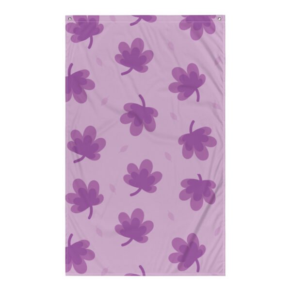 The Purple leaf pattern tapestry wall hanging is rectangular with a light purple background, dark purple stylized leaves, small leaf accents, and two metal grommets in the top corners.