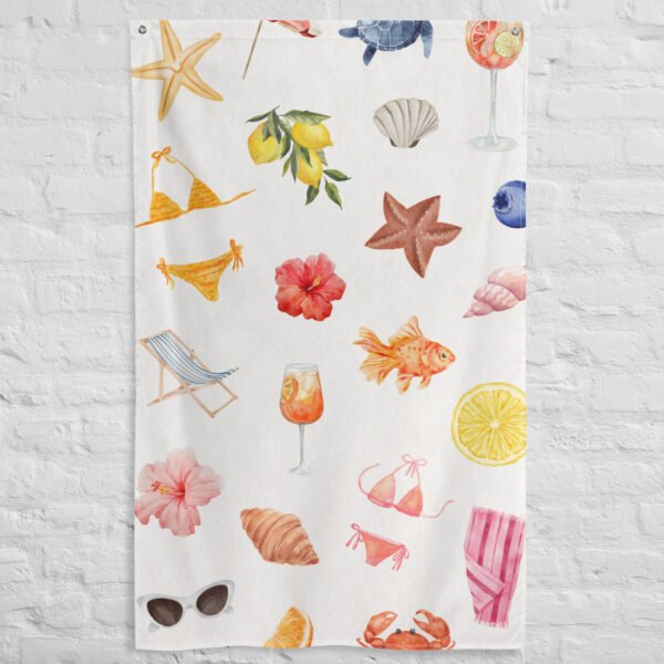 The Summer Vibes tapestry wall hanging features a white background adorned with colorful watercolor illustrations of summer items like swimwear, flowers, shells, fruit, sunglasses, drinks, a goldfish, a deck chair, and a starfish.