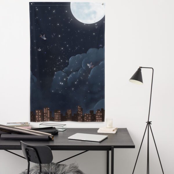 City scape tapestry flag, featuring a starry night sky with a full moon, clouds, and city buildings.