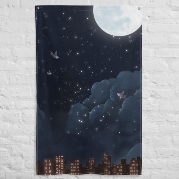 City scape tapestry flag features a night scene with a brightly lit full moon above a city skyline, glowing windows, starry sky, clouds, and birds in flight.
