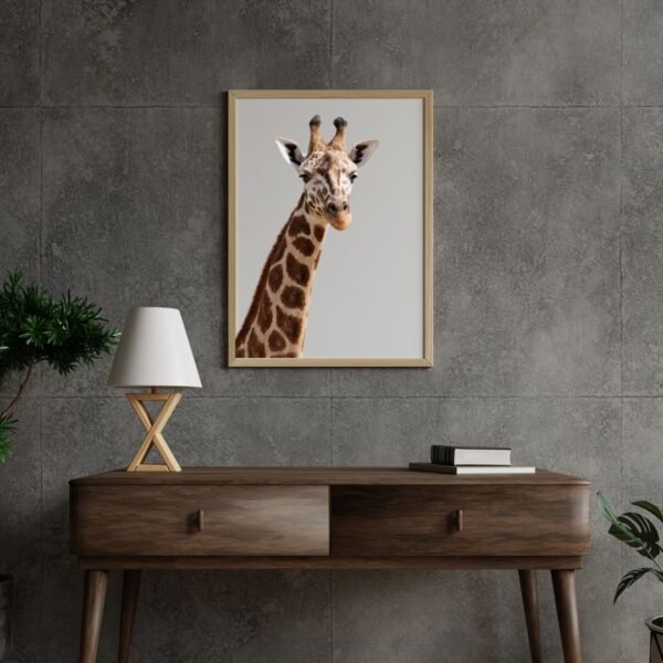 Baby Giraffe Poster against a plain background, mounted on a textured gray wall