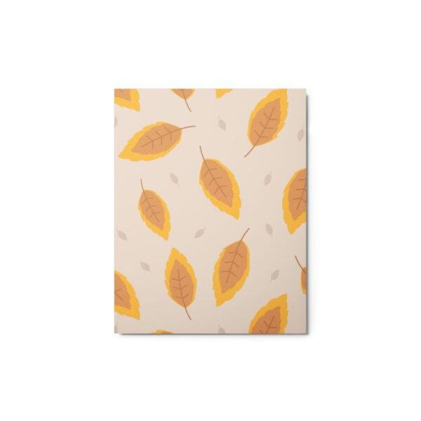 Artful metal print featuring a swirling pattern of autumn leaves in fiery shades of amber, rust, and golden ochre