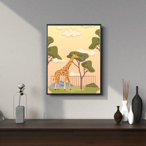 Cheerful giraffe illustration with zoo background – colorful and whimsical children’s wall poster.