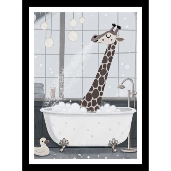 Playful print showing a giraffe relaxing in a bathtub, ideal for animal lovers or creative interior spaces.