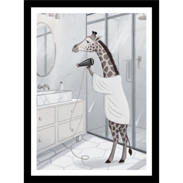 Giraffe dressed in a cozy bathrobe holding a dryer, ideal for quirky art lovers