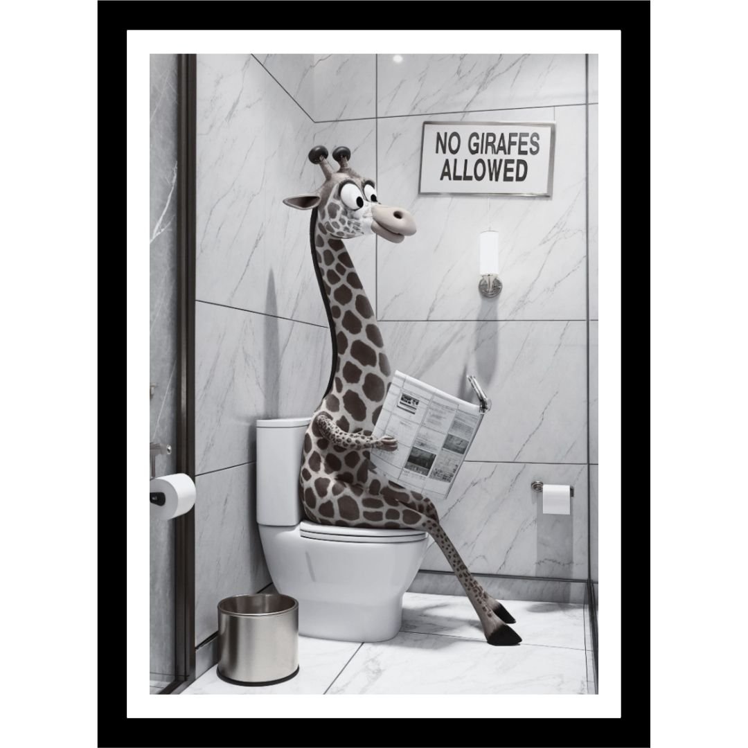 Giraffe-themed bathroom print showing a giraffe seated on a toilet reading a news letter