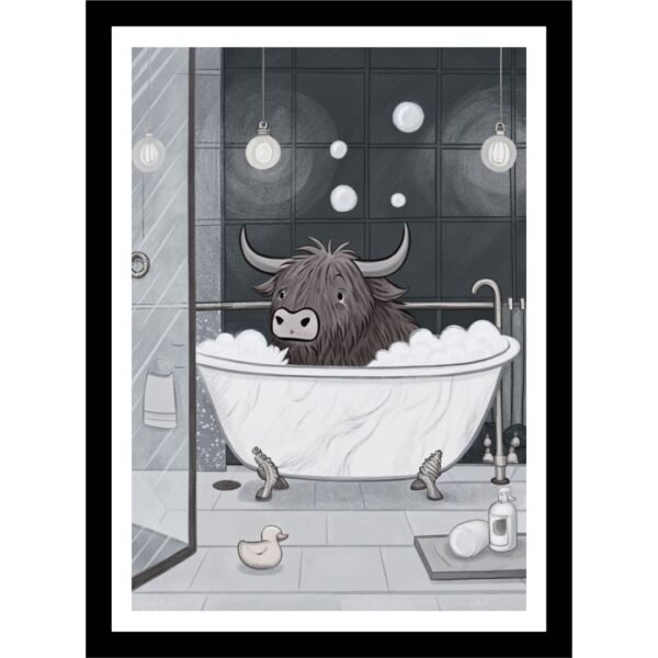 poster of a Highland cow enjoying a soak in a clawfoot bathtub