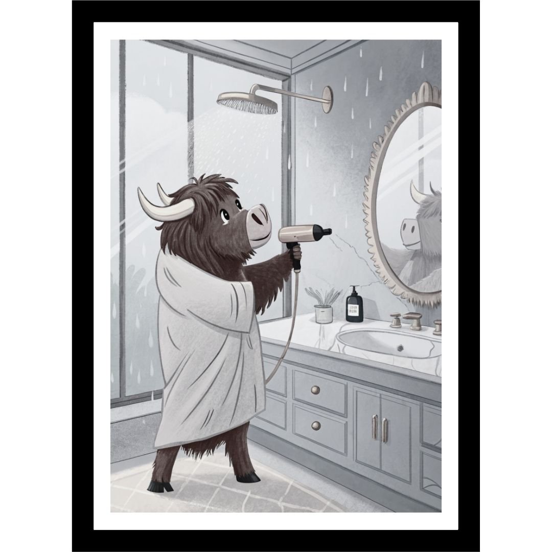 Cartoon illustration of a Highland cow wearing a bathrobe and using a hairdryer in a bathroom setting.