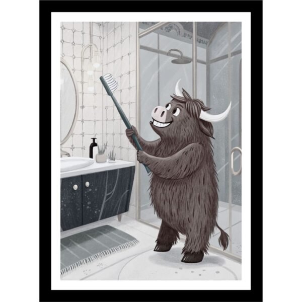 print of a fluffy Highland cow holding toothbrush in a bathroom and brushing its teeth