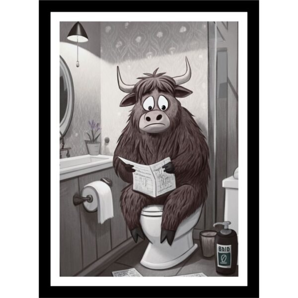 Funny wall art of a Highland cow sitting on a toilet, adding rustic humor to bathroom decor.
