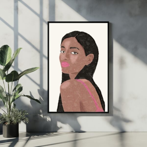 Abstract art of a woman with pink lips, featuring a textured modern portrait.
