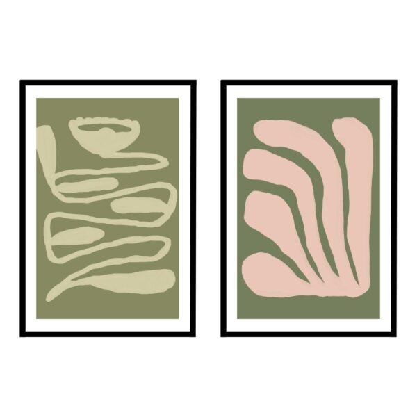 Two framed abstract art prints featuring organic shapes in muted colors on a green background.