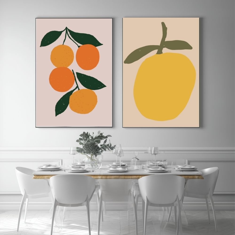 Set of 2 Framed wall art print featuring illustrated oranges on a neutral background.
