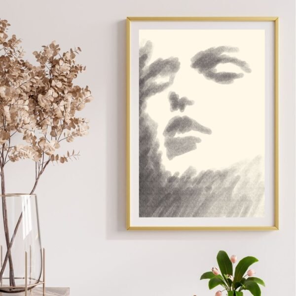 monochrome portrait print with abstract facial features, perfect for minimalist home decor.