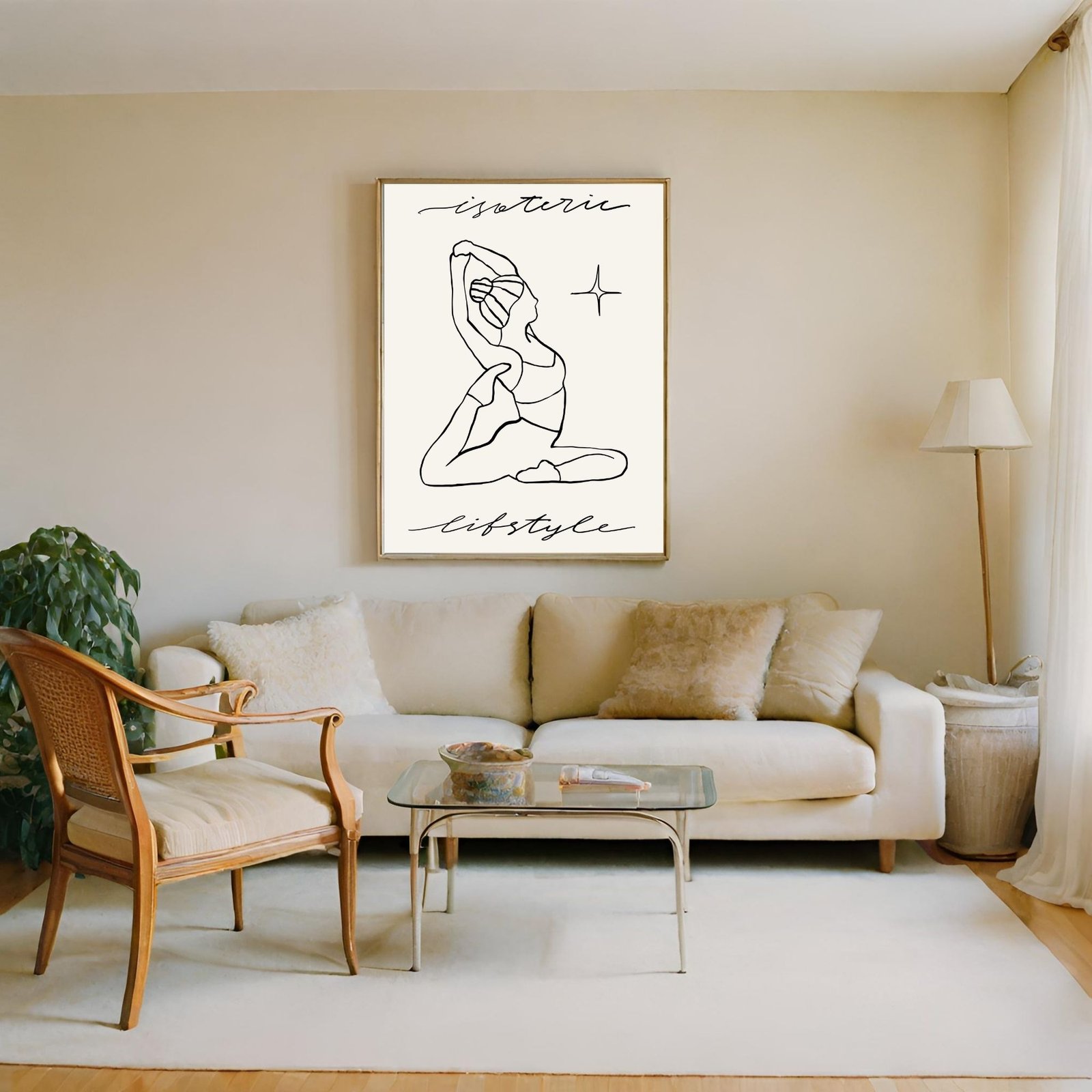 Line art illustration of a person in a yoga pose framed on a wall above a sofa.