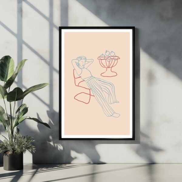 Line art illustration of a person reclining in a chair with a table beside them.