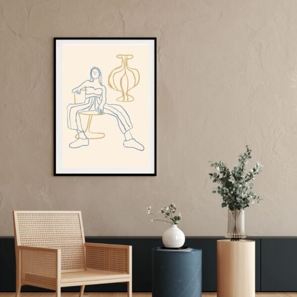Line art illustration of a seated figure next to a vase on a light background.