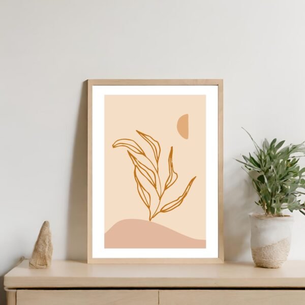 Framed abstract artwork featuring a plant design on a beige background with a sun.