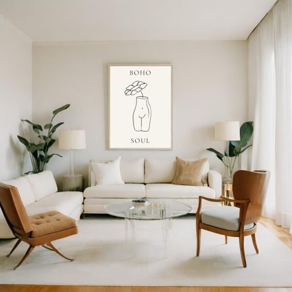 Artwork featuring the words 'Boho Soul' and a line drawing of a vase with a flower on a wall.