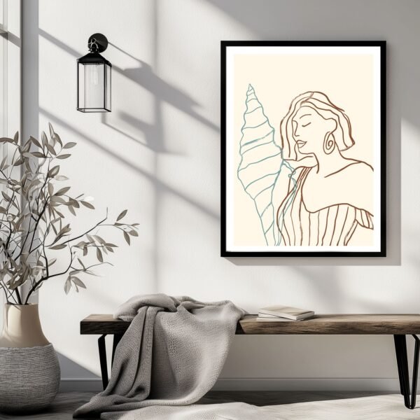 Line art portrait of a woman with a shell, framed and displayed on a wall.