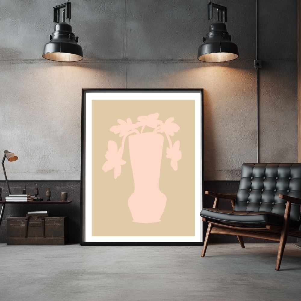 Abstract artwork featuring a vase with flowers in soft pink tones, framed and displayed indoors.