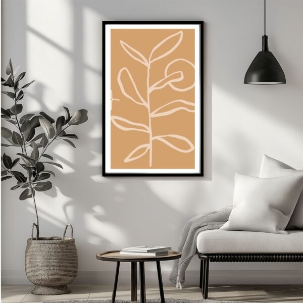 Framed abstract floral artwork featuring a simple line drawing of leaf on a brown background.
