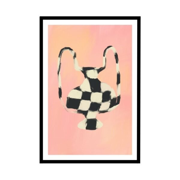 Black and white checkered vase art on a pink background poster print