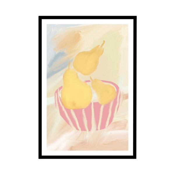 Art print of pears in a striped bowl with soft pastel background.