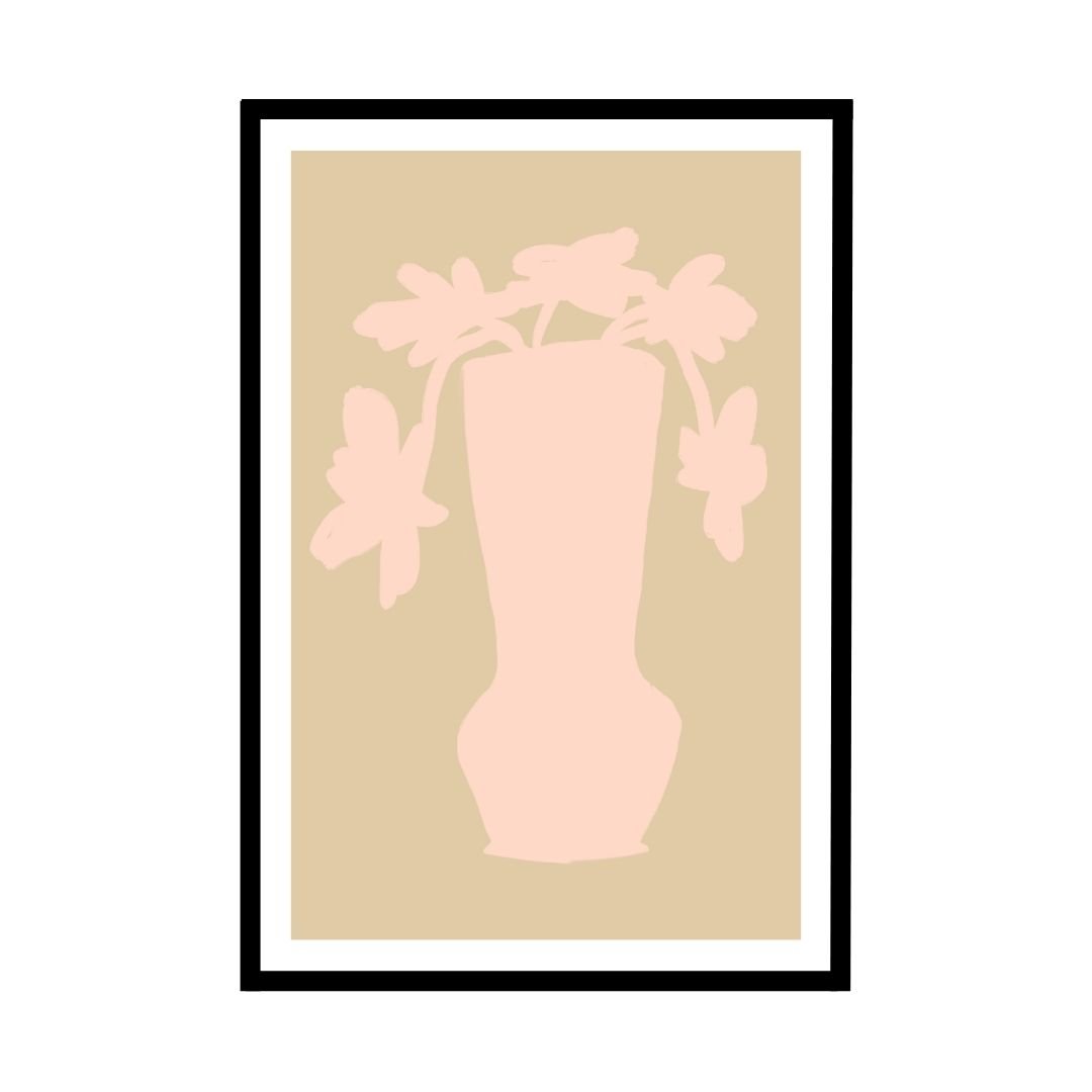 Soft pink vase with flowers on beige background art print.