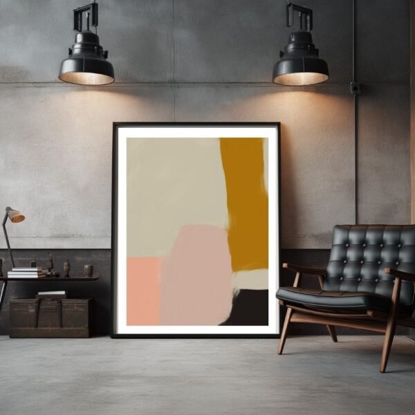 Framed abstract artwork featuring earthy tones of beige, brown, and pink displayed in a modern interior setting.