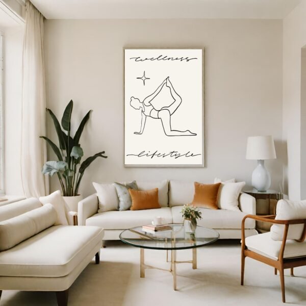 Line art illustration of a person in a yoga pose with the words 'wellness' and 'lifestyle'.